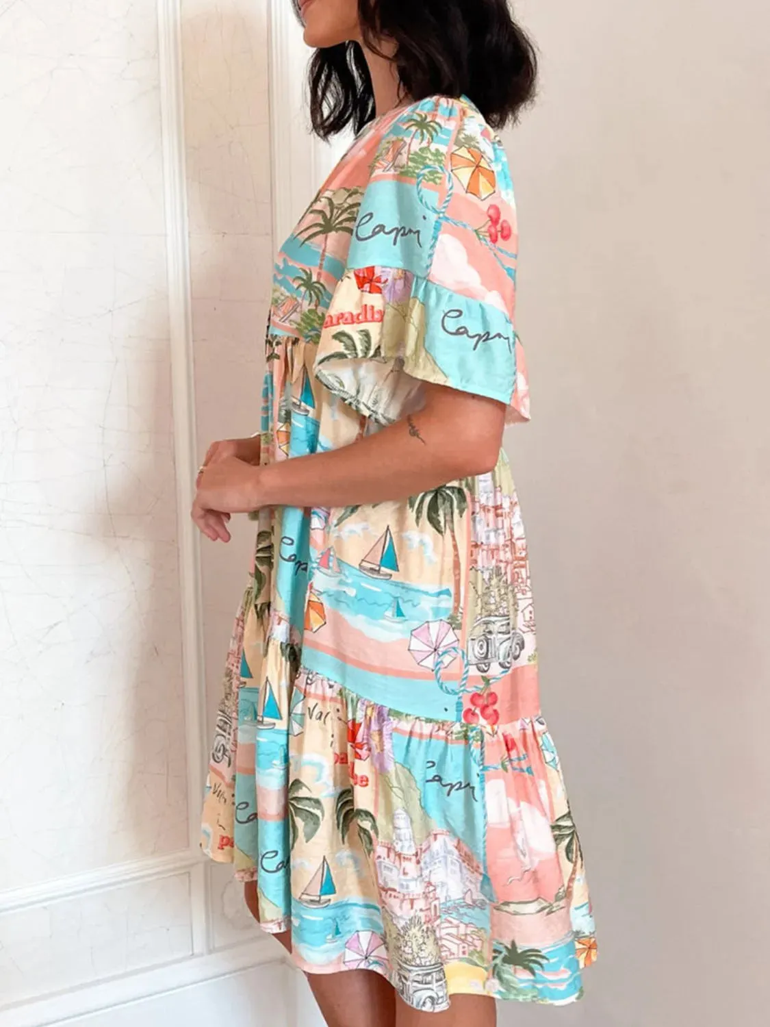 Tassel Printed Tie Neck Half Sleeve Mini Dress