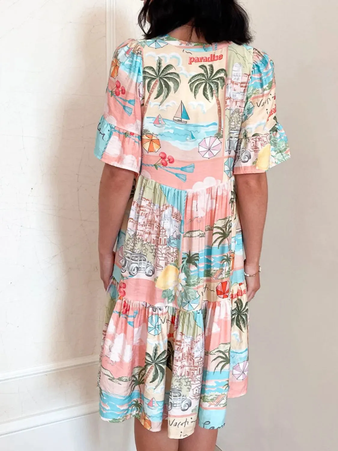 Tassel Printed Tie Neck Half Sleeve Mini Dress