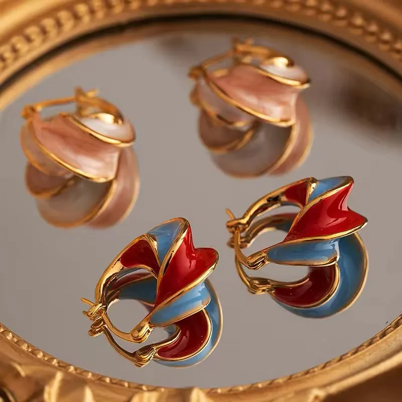 Unique Wave Style Two Tone Enamel Hoop Earrings