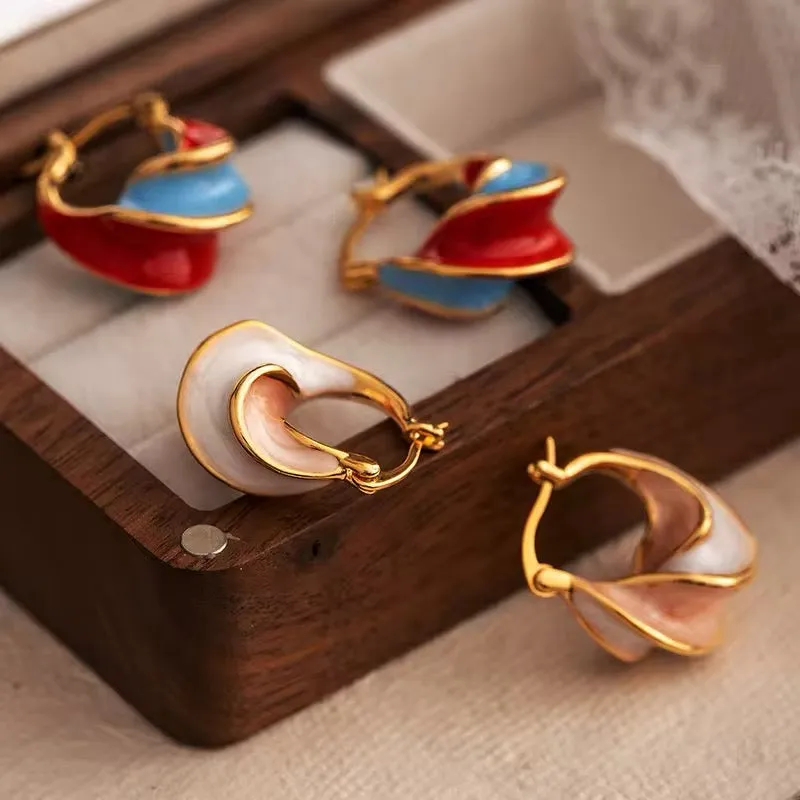 Unique Wave Style Two Tone Enamel Hoop Earrings