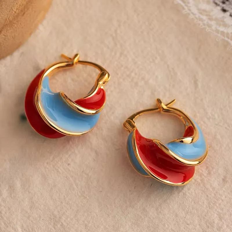 Unique Wave Style Two Tone Enamel Hoop Earrings