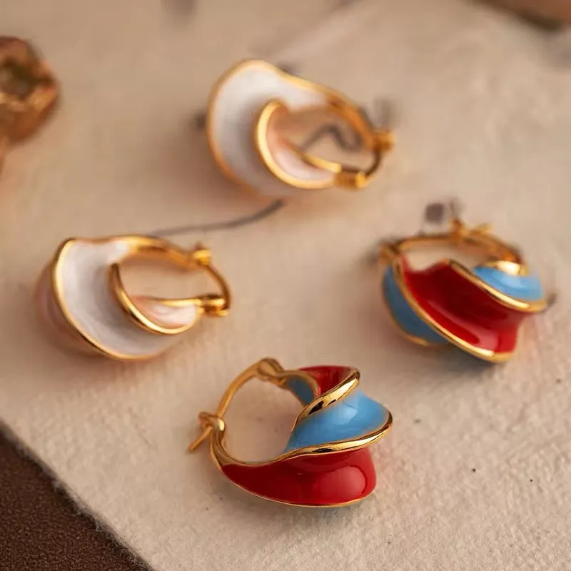 Unique Wave Style Two Tone Enamel Hoop Earrings