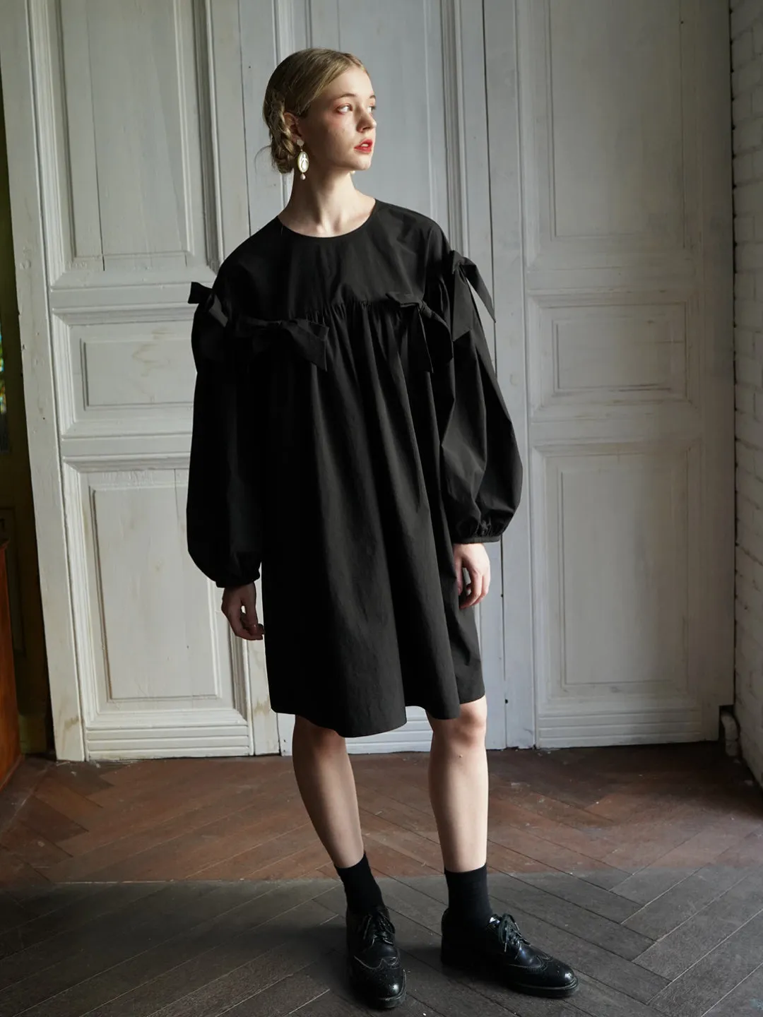 Unlogical Poem Elegant Style Bow Black Cotton Dress