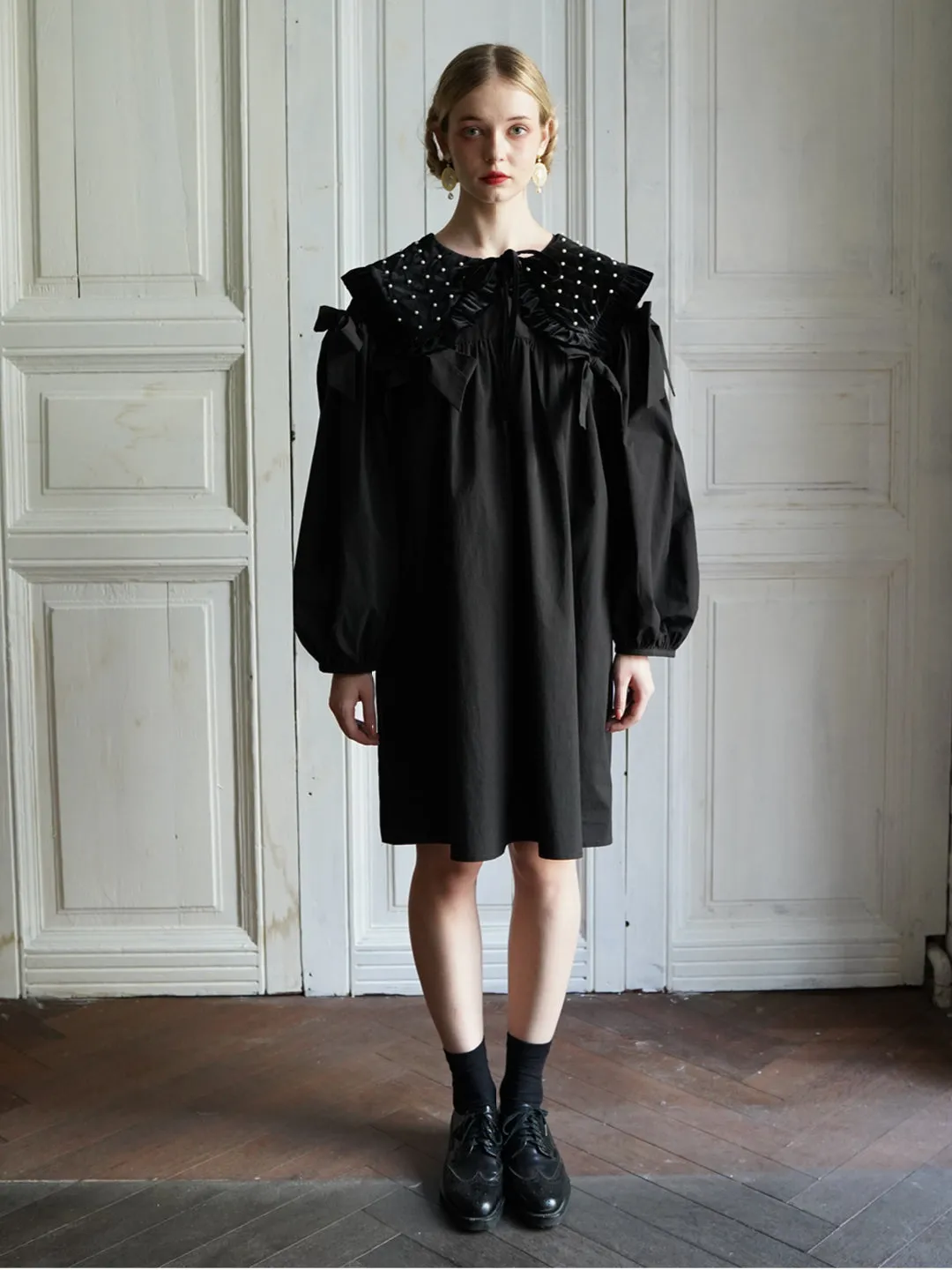 Unlogical Poem Elegant Style Bow Black Cotton Dress