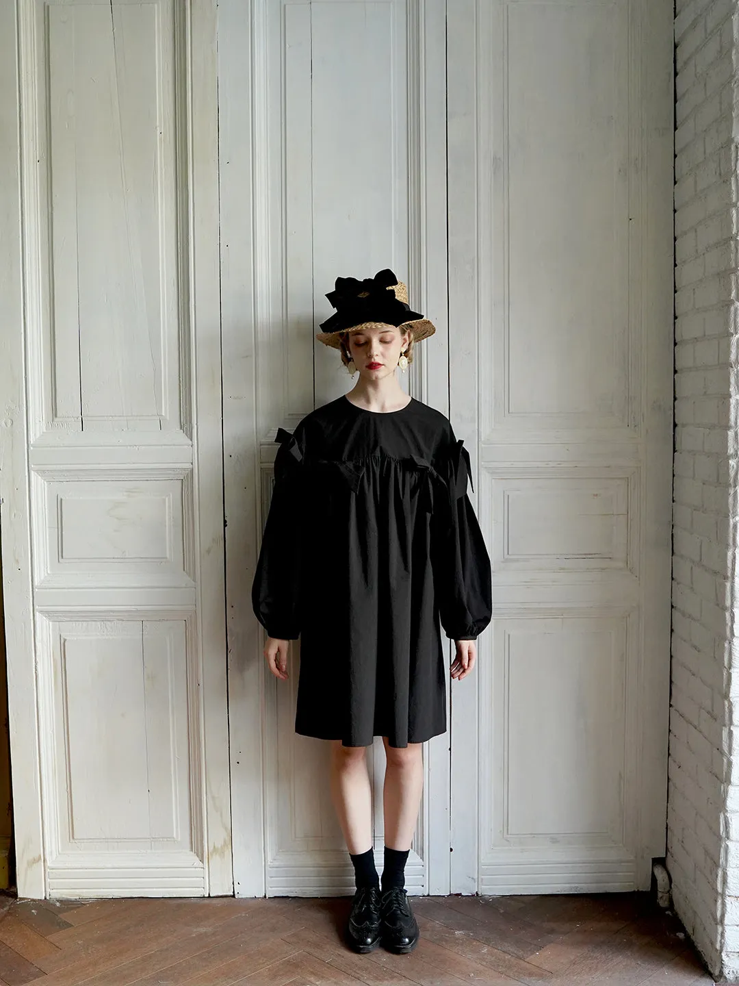 Unlogical Poem Elegant Style Bow Black Cotton Dress