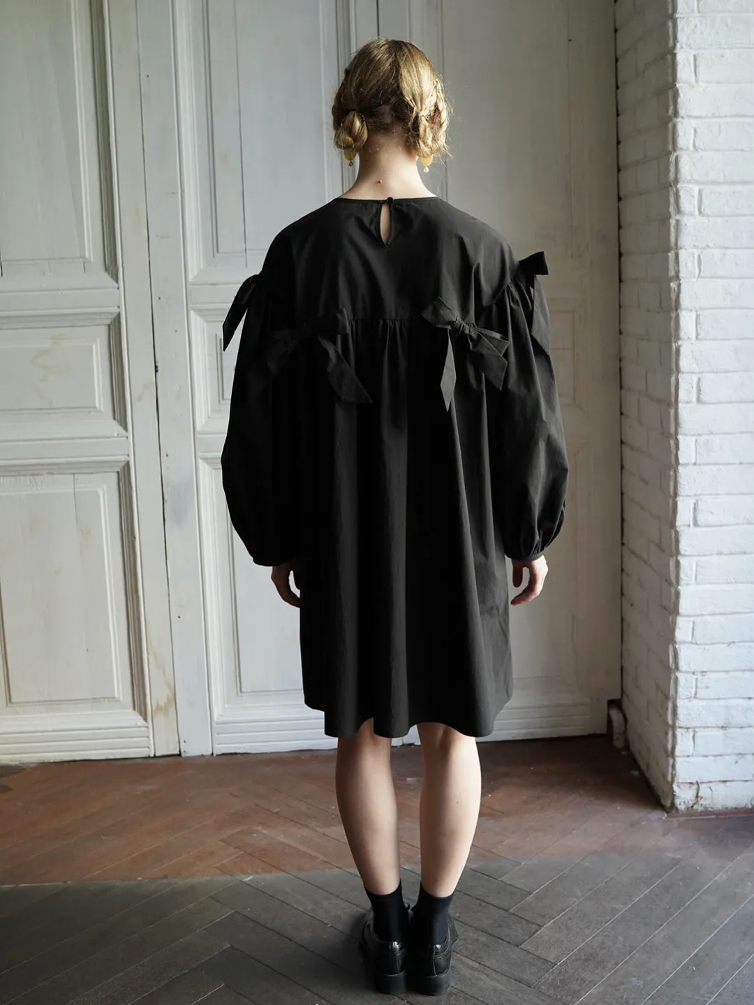 Unlogical Poem Elegant Style Bow Black Cotton Dress