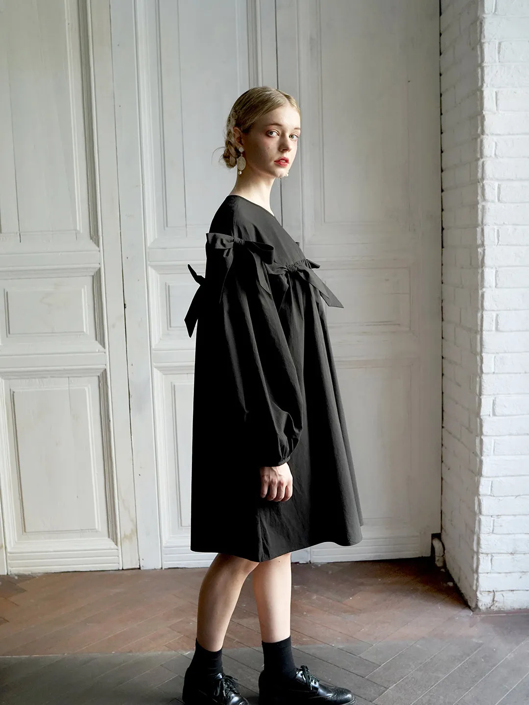Unlogical Poem Elegant Style Bow Black Cotton Dress