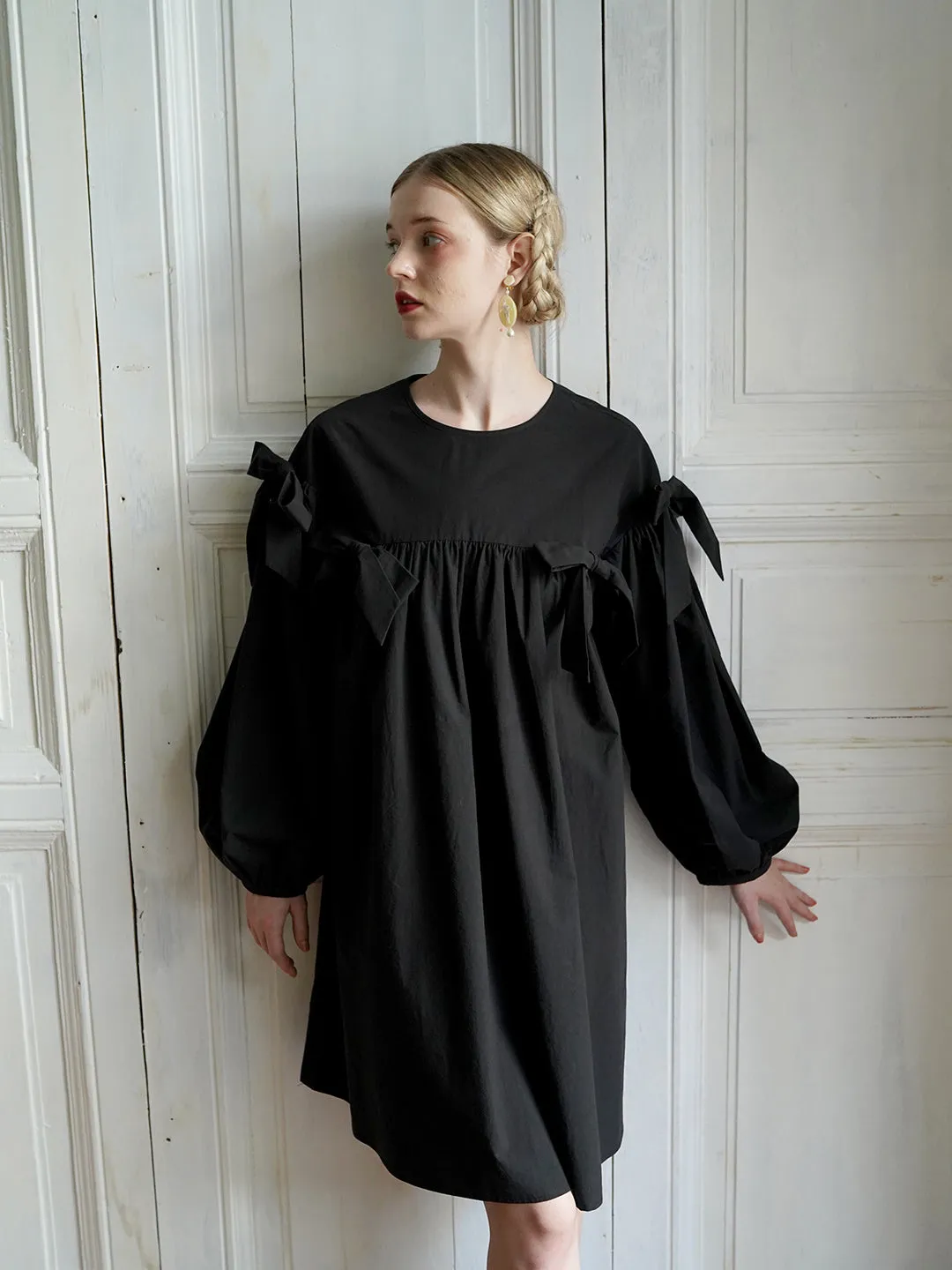 Unlogical Poem Elegant Style Bow Black Cotton Dress