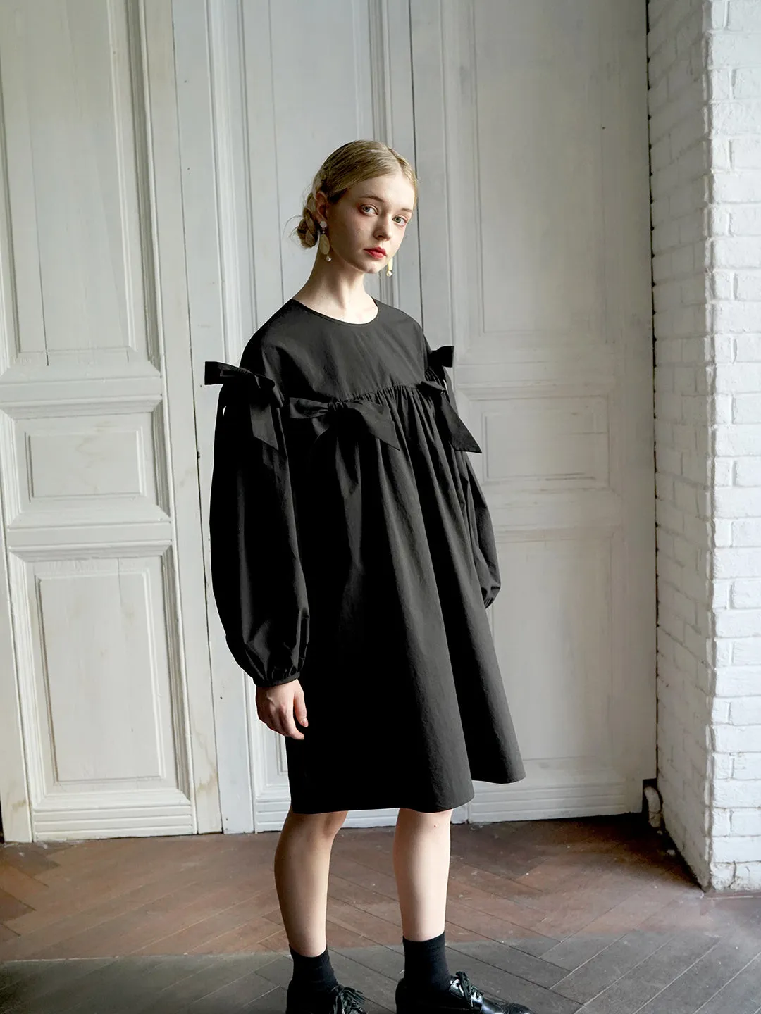 Unlogical Poem Elegant Style Bow Black Cotton Dress