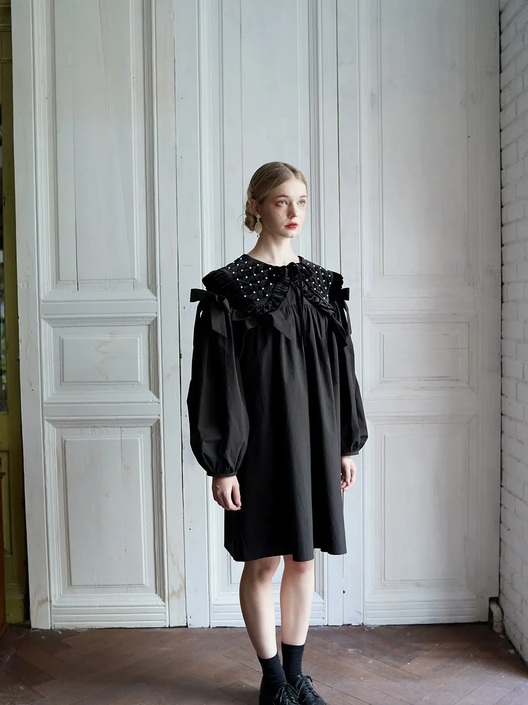 Unlogical Poem Elegant Style Bow Black Cotton Dress