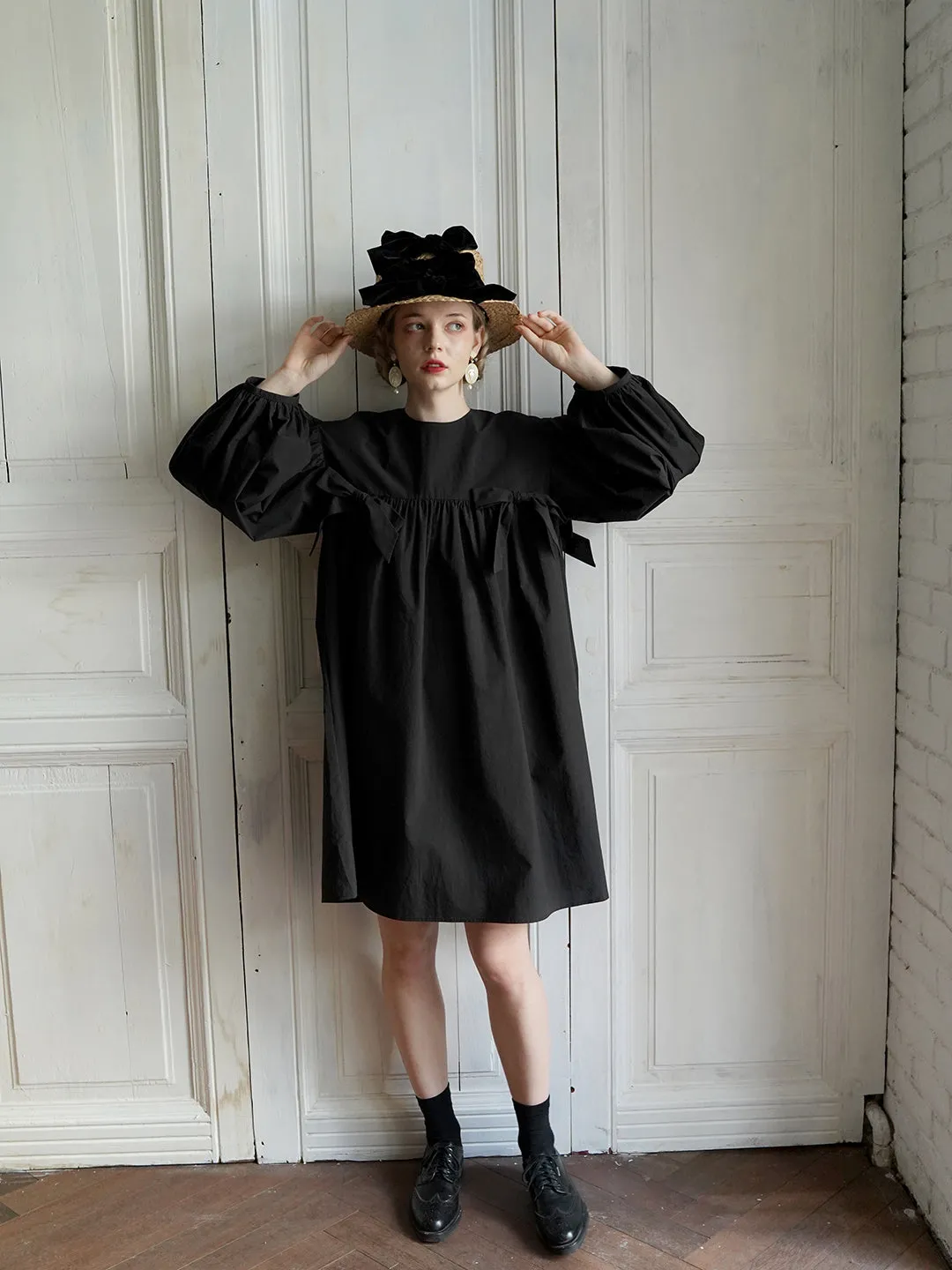Unlogical Poem Elegant Style Bow Black Cotton Dress