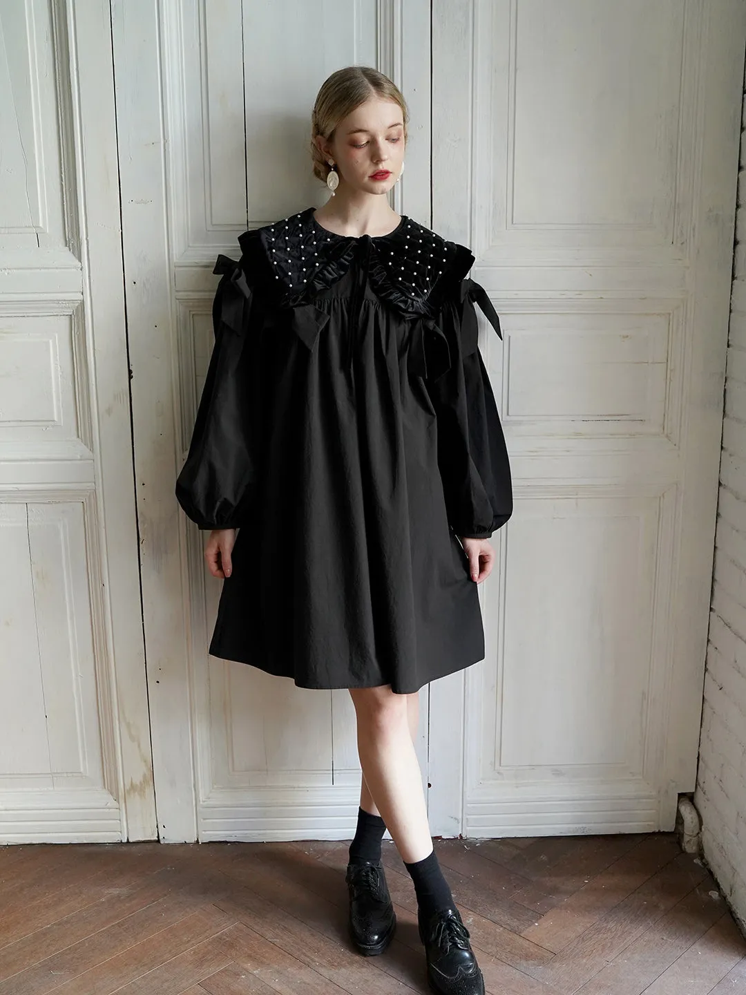 Unlogical Poem Elegant Style Bow Black Cotton Dress
