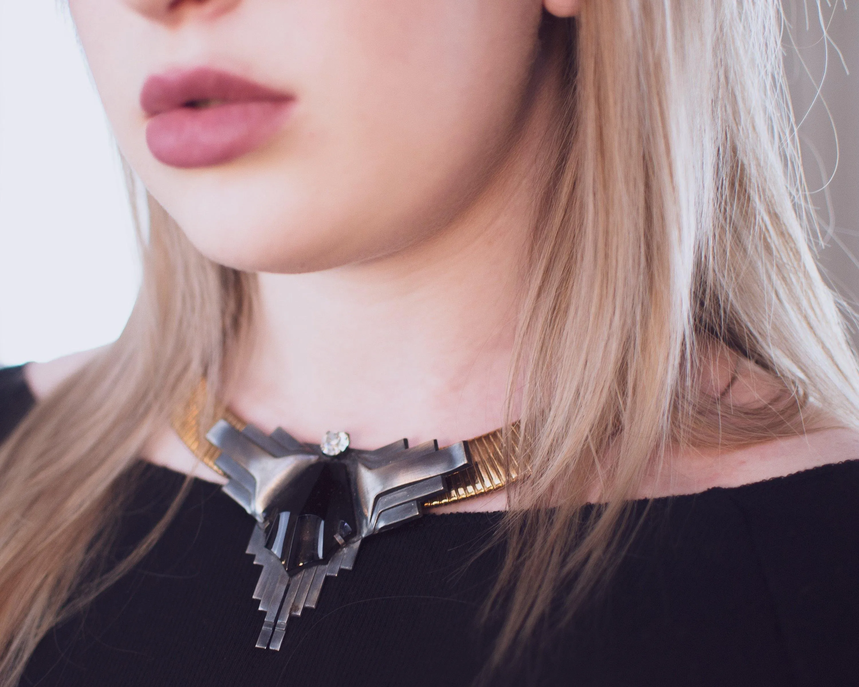 Vintage 1980s Art Deco Inspired Steampunk Gold Collar Necklace with Silver Accents and Jet Crystal
