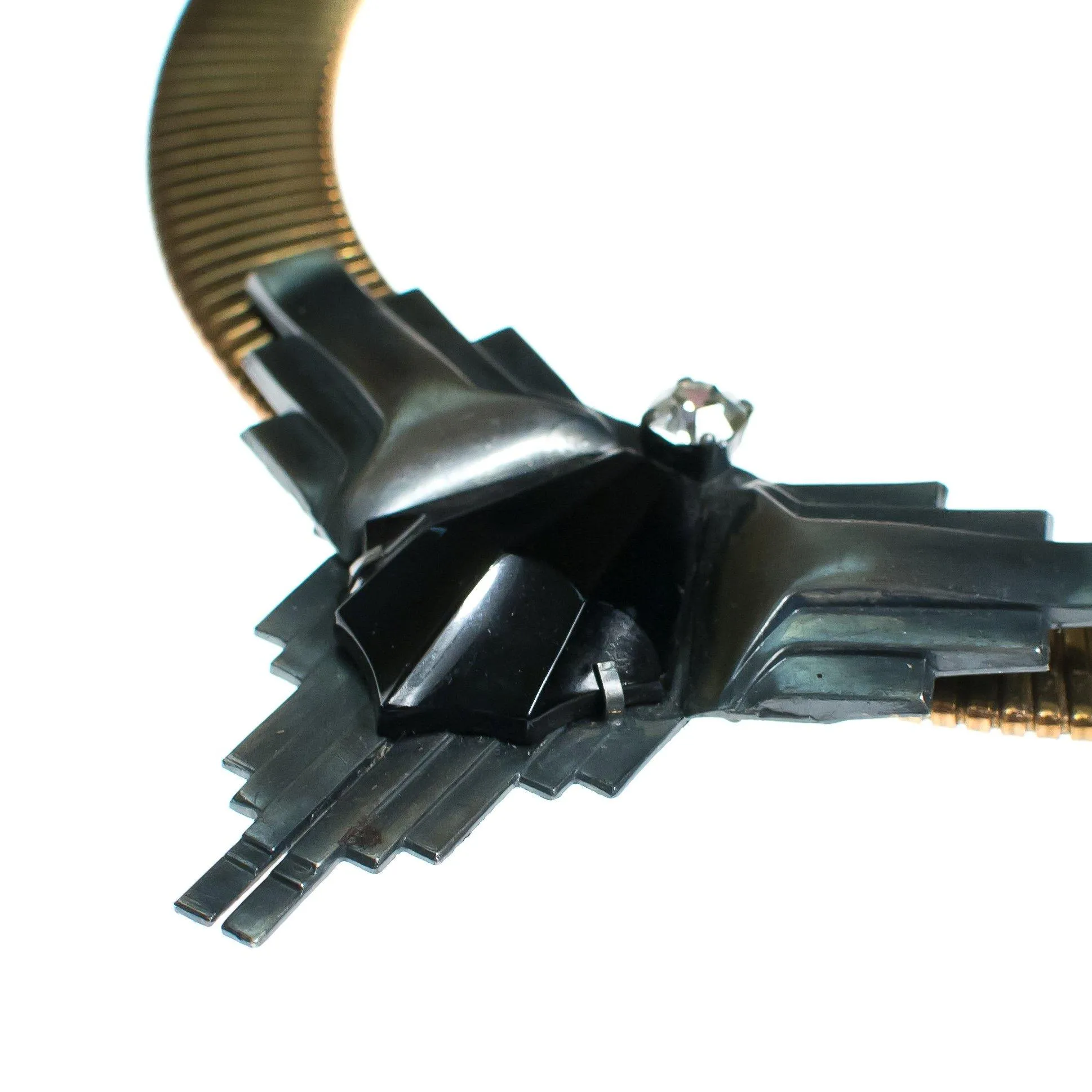 Vintage 1980s Art Deco Inspired Steampunk Gold Collar Necklace with Silver Accents and Jet Crystal