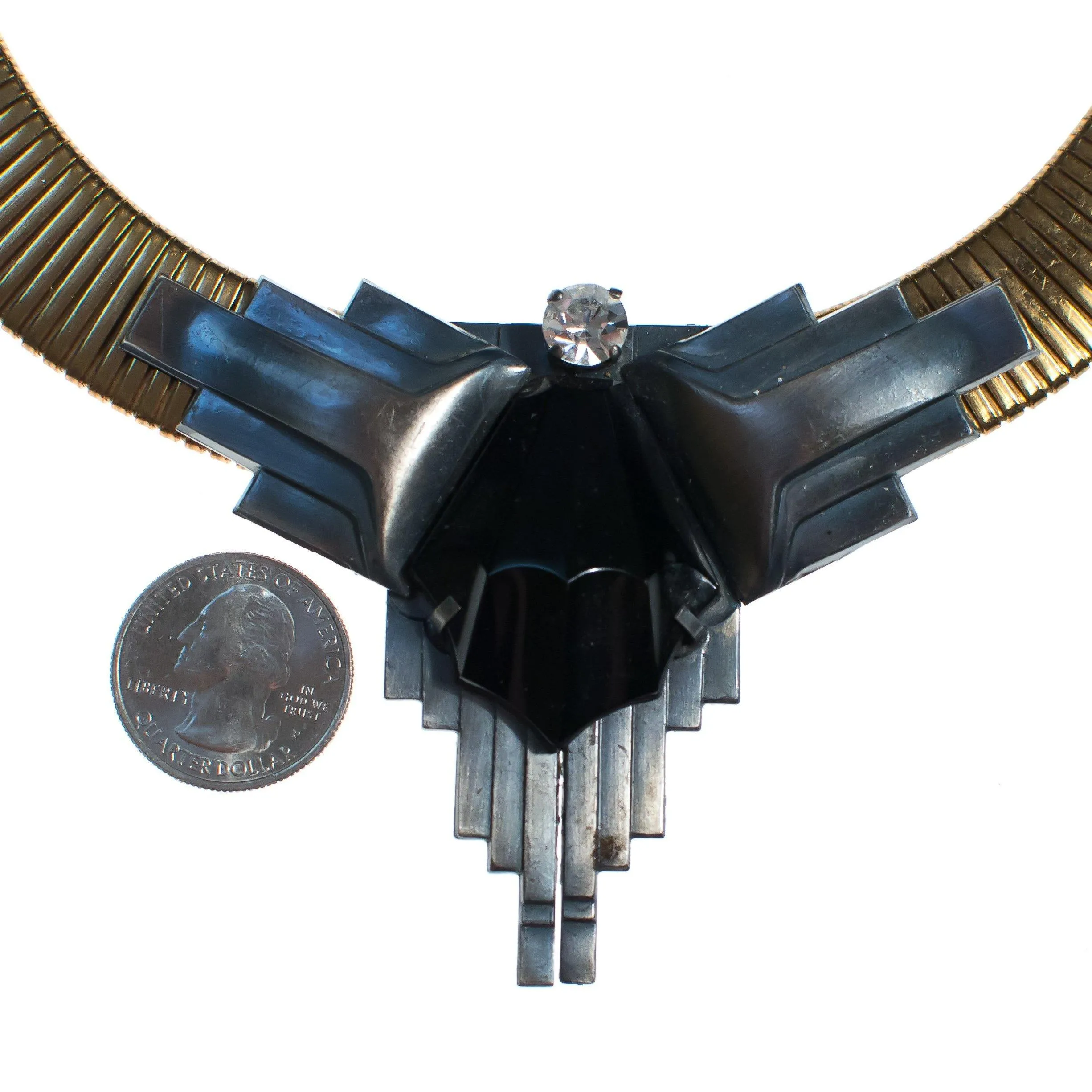 Vintage 1980s Art Deco Inspired Steampunk Gold Collar Necklace with Silver Accents and Jet Crystal