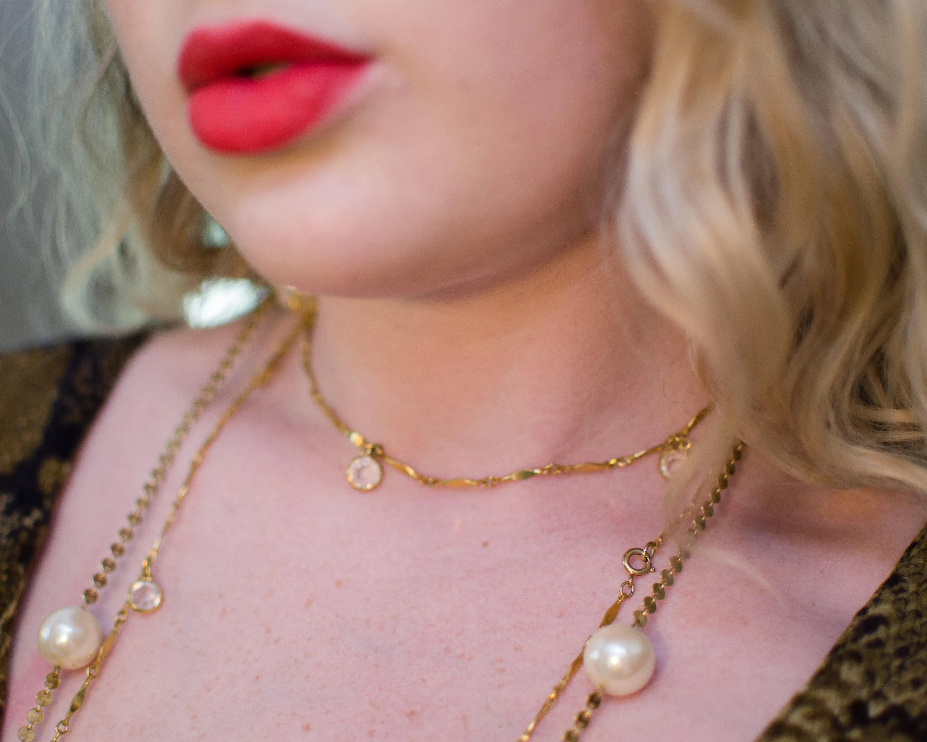 Vintage Bezel Set Crystal and Gold Flat Link Chain Necklace