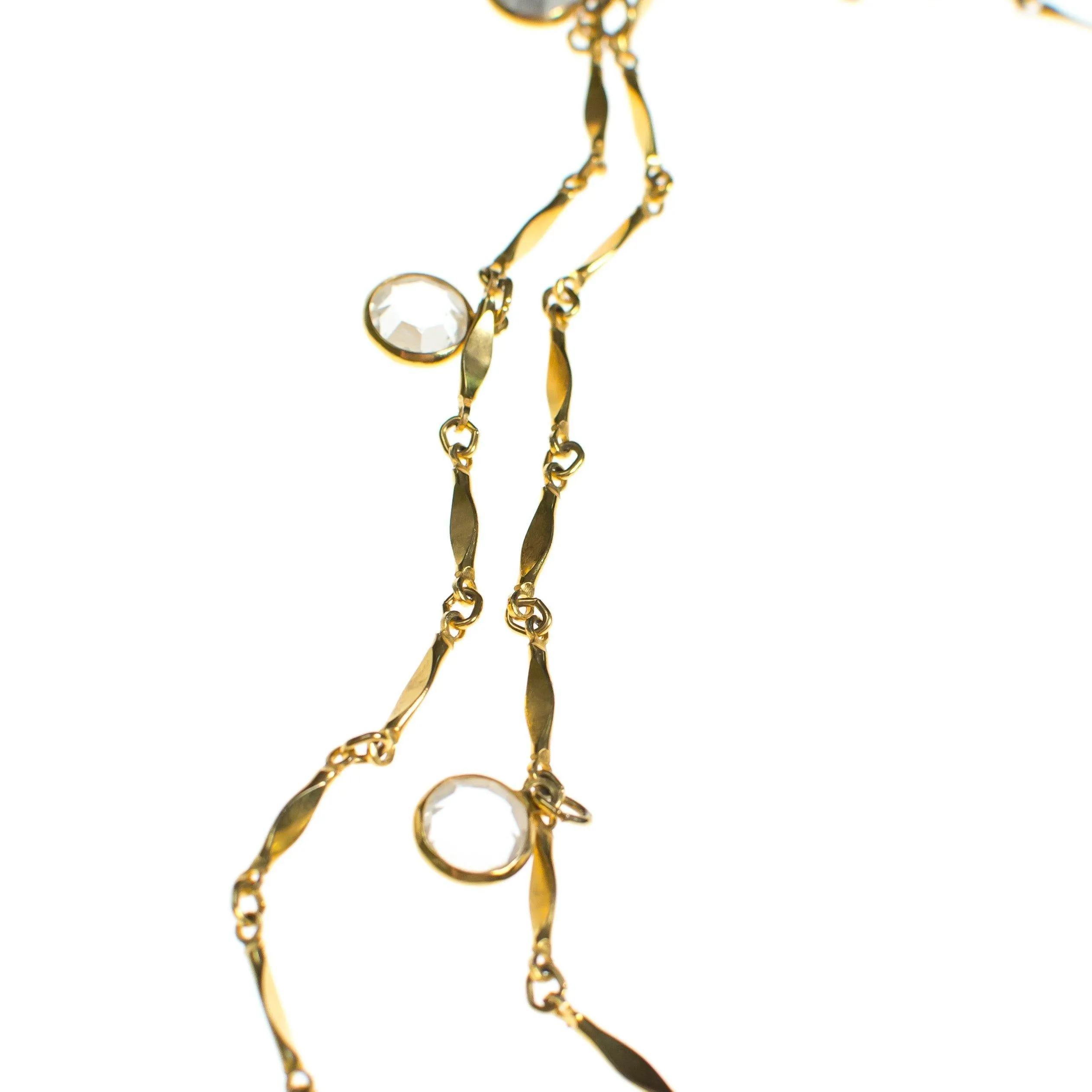 Vintage Bezel Set Crystal and Gold Flat Link Chain Necklace