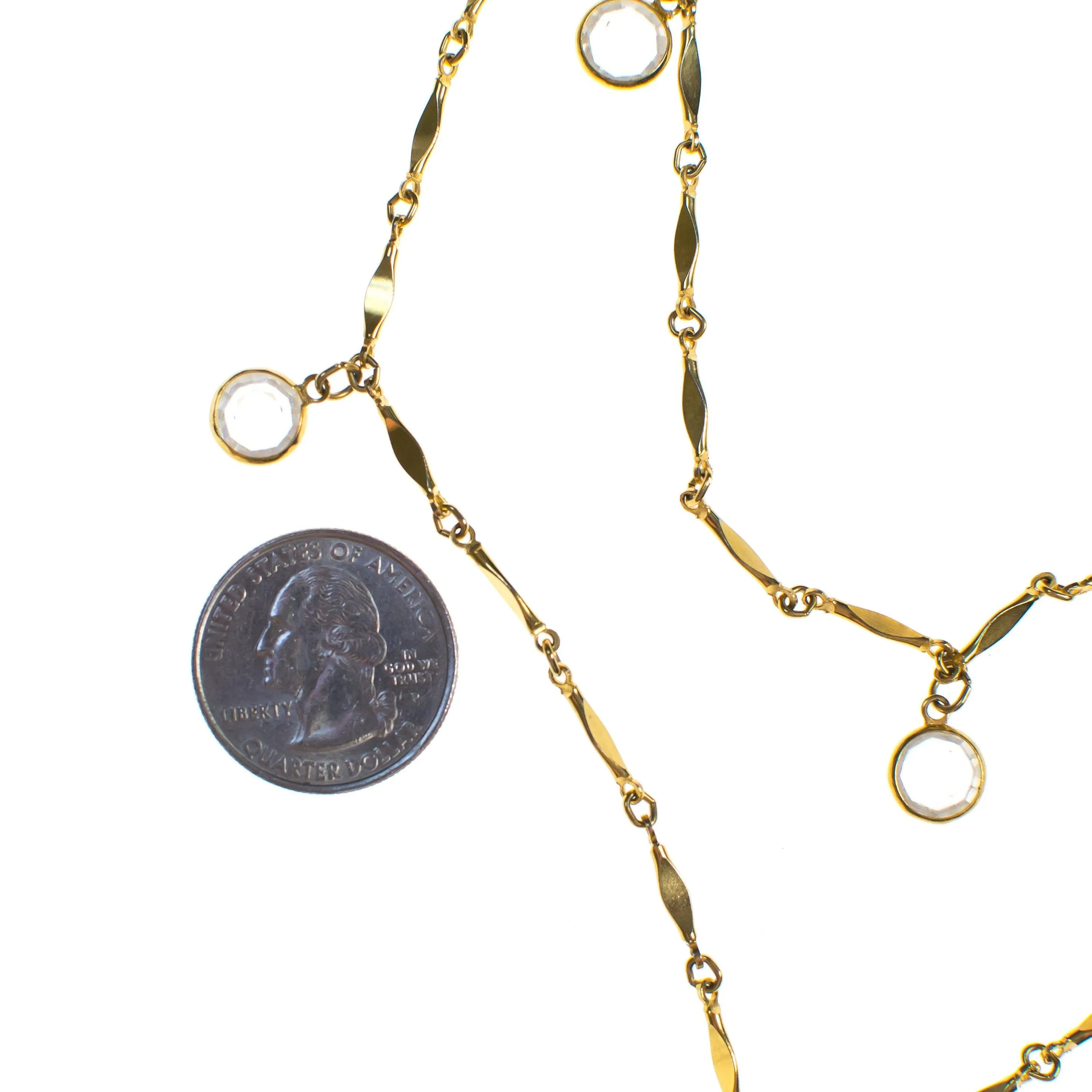 Vintage Bezel Set Crystal and Gold Flat Link Chain Necklace