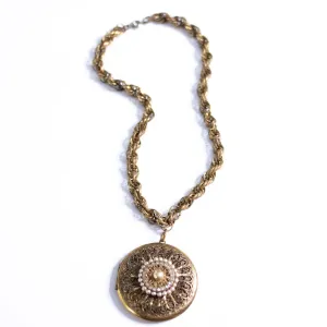 Vintage Chunky Gold Medallion Locket with Faux Pearls