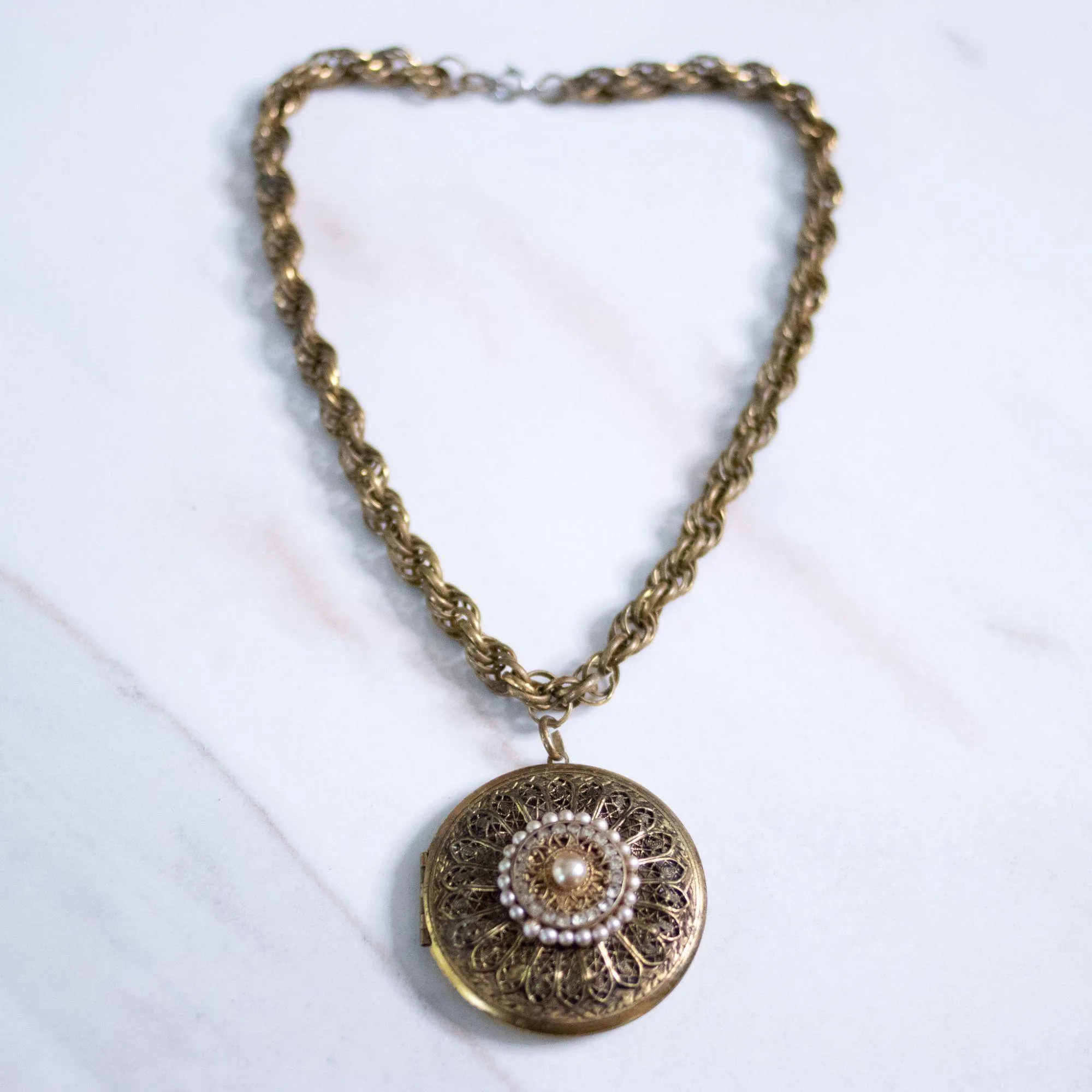 Vintage Chunky Gold Medallion Locket with Faux Pearls