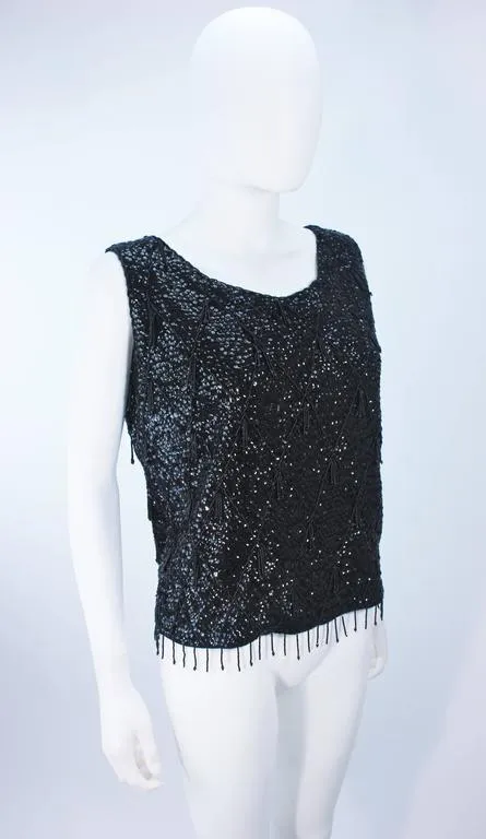 VINTAGE Circa 1960s Black Beaded and Sequin Blouse Size Large