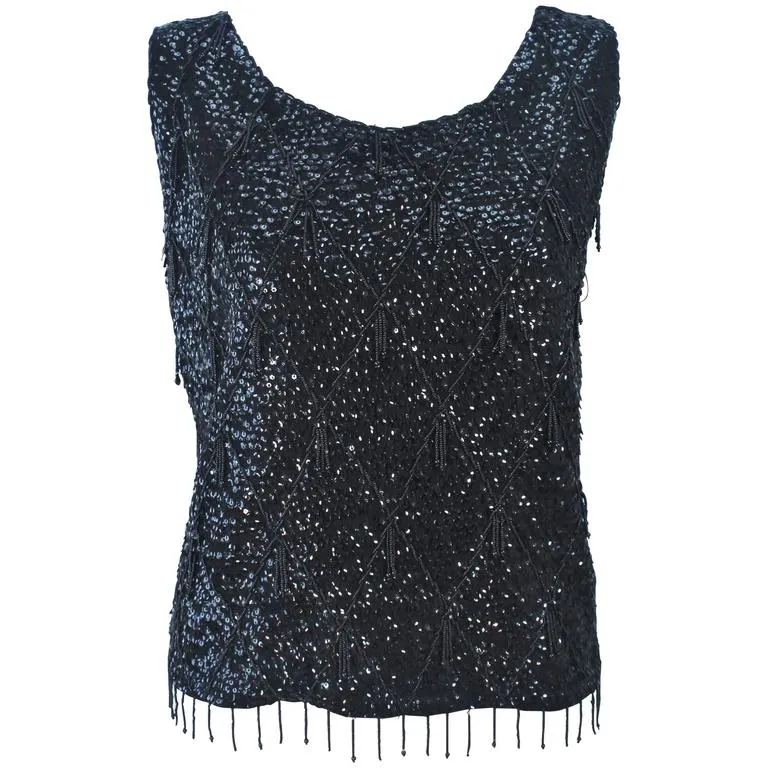 VINTAGE Circa 1960s Black Beaded and Sequin Blouse Size Large