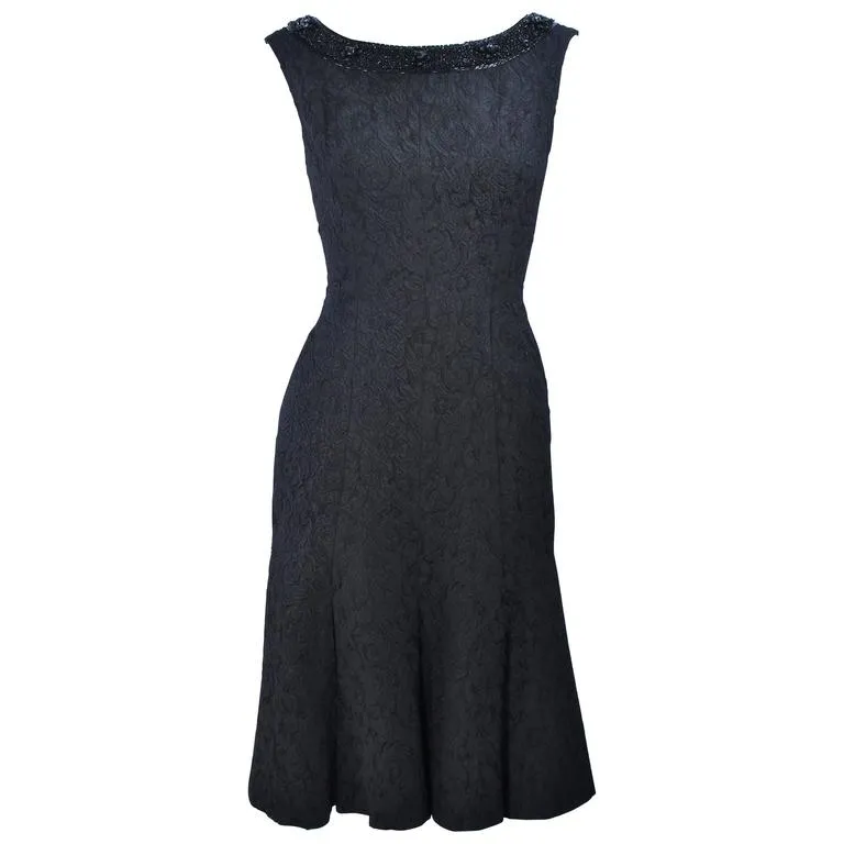 VINTAGE Circa 1960s Black Cocktail Dress, Beaded Neck Size 2