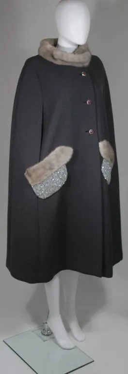 VINTAGE Gray Wool Cape with Mink Trim and Iridescent Beaded Pockets