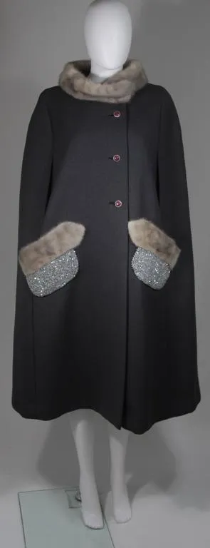 VINTAGE Gray Wool Cape with Mink Trim and Iridescent Beaded Pockets
