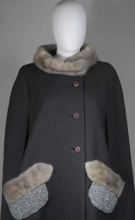 VINTAGE Gray Wool Cape with Mink Trim and Iridescent Beaded Pockets