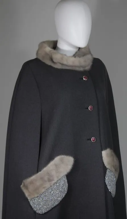 VINTAGE Gray Wool Cape with Mink Trim and Iridescent Beaded Pockets