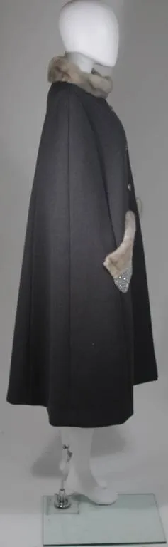 VINTAGE Gray Wool Cape with Mink Trim and Iridescent Beaded Pockets