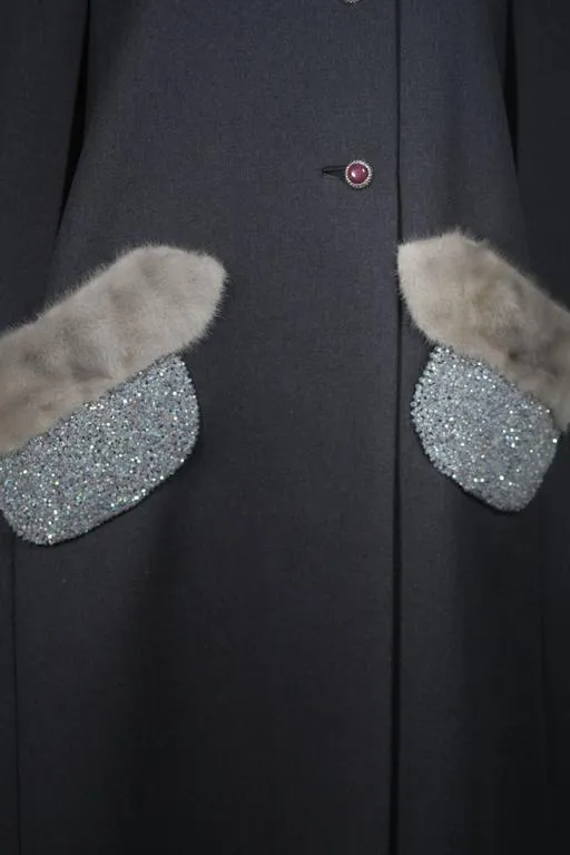 VINTAGE Gray Wool Cape with Mink Trim and Iridescent Beaded Pockets