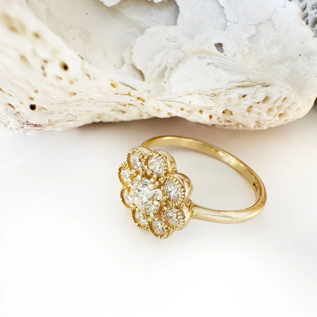 Vintage Inspired Floral White Diamond Yellow Gold Ring