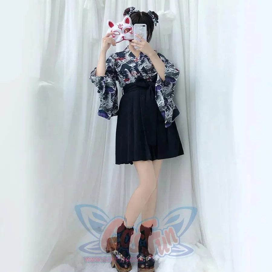 Vintage Kimono Top Pleated Skirt Set J40364
