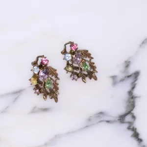 Vintage Lisner Gold Leaf Earrings with Pastel Rhinestones in Blue, Green, and Pink