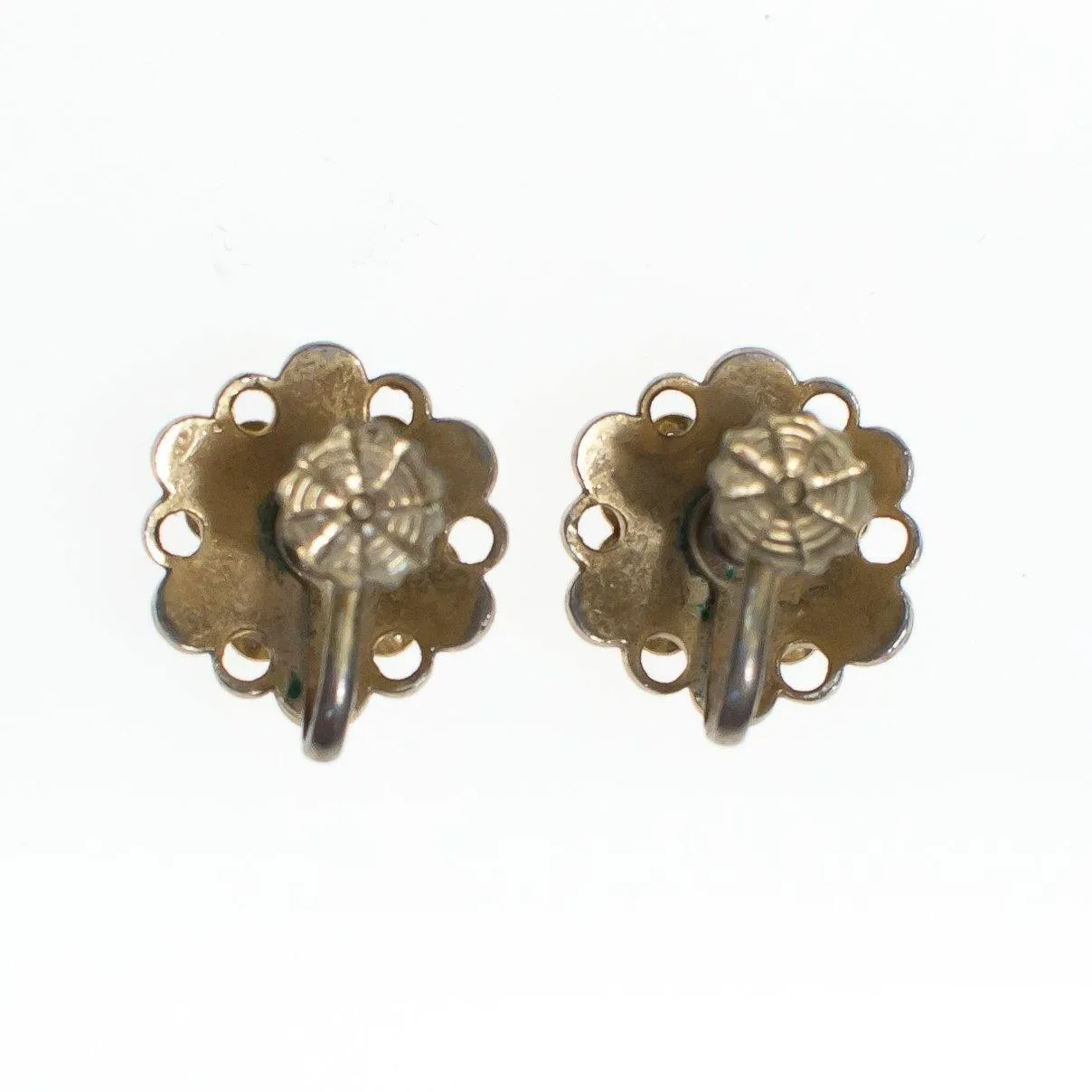 Vintage Pink Rose Guilloche Jet Black with Rhinestones Screw Back Earrings, 1940s Era