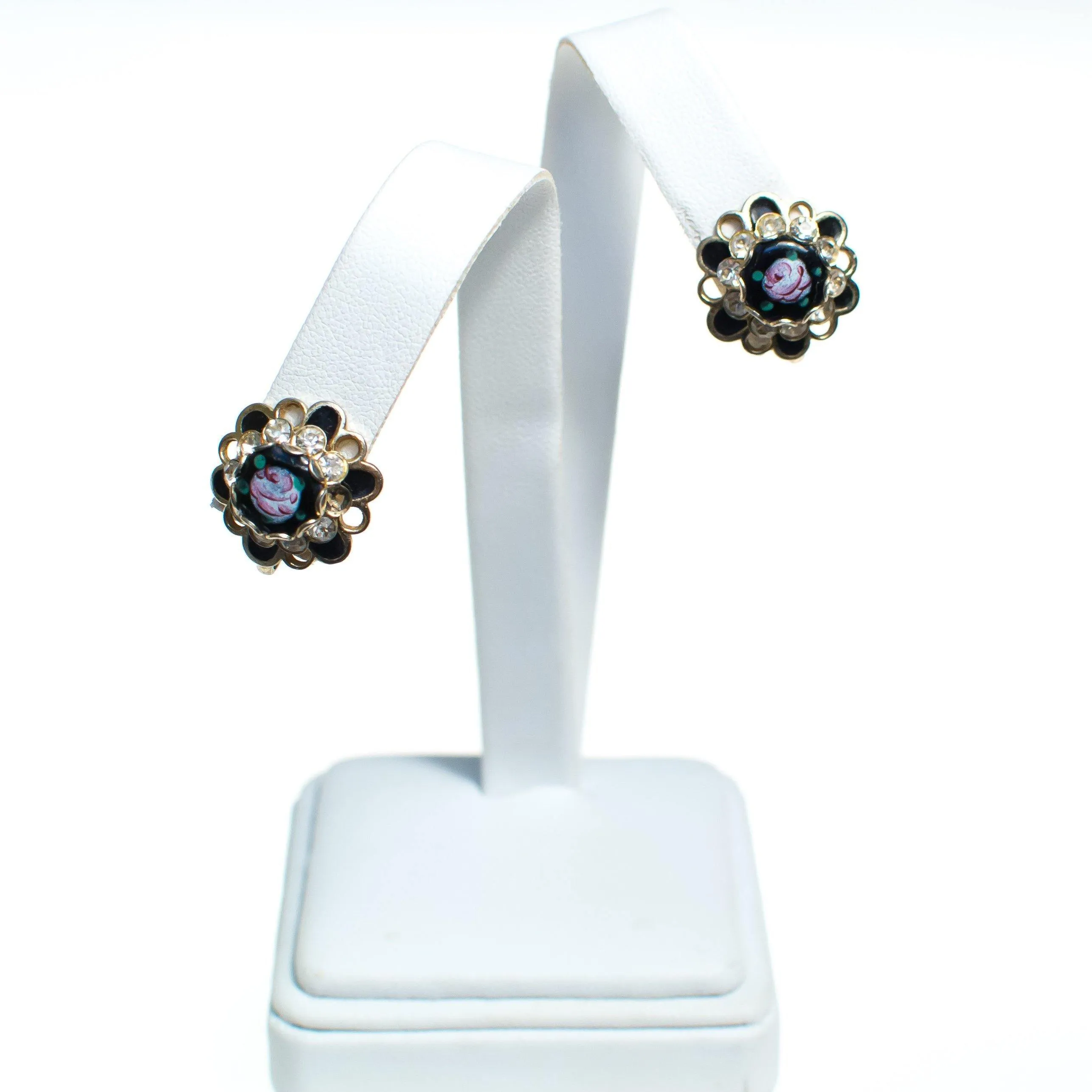 Vintage Pink Rose Guilloche Jet Black with Rhinestones Screw Back Earrings, 1940s Era