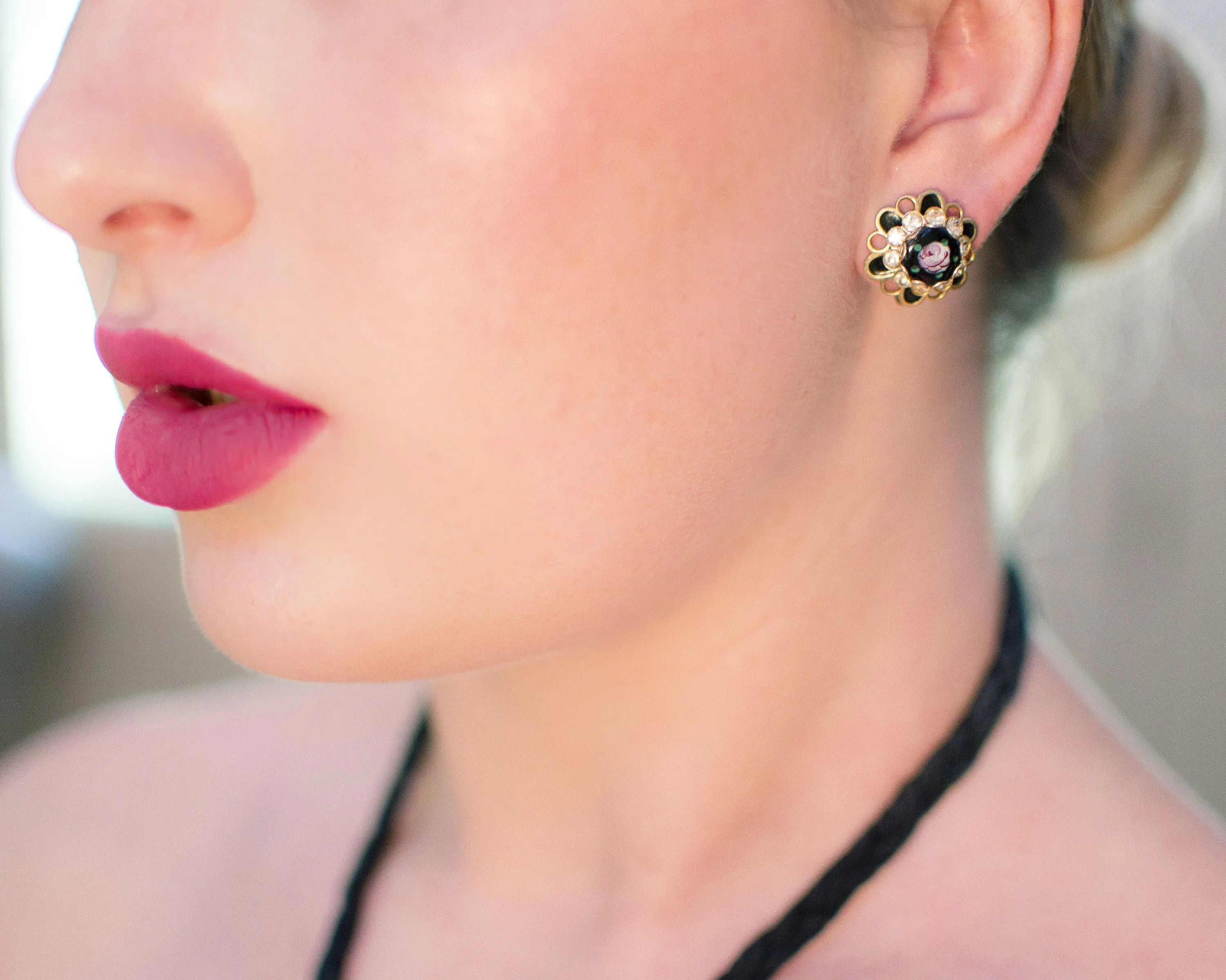 Vintage Pink Rose Guilloche Jet Black with Rhinestones Screw Back Earrings, 1940s Era