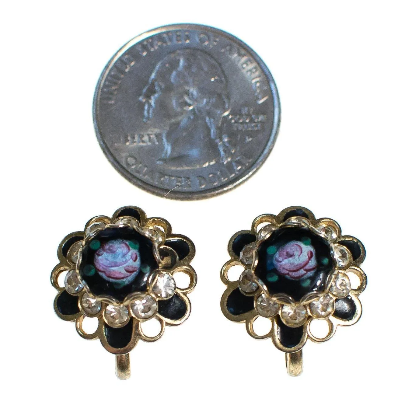 Vintage Pink Rose Guilloche Jet Black with Rhinestones Screw Back Earrings, 1940s Era