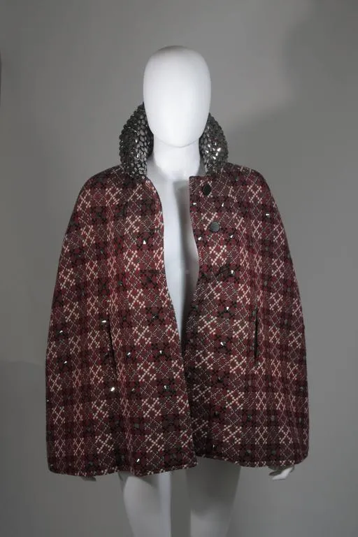 VINTAGE Red, Green Plaid Wool Cape with Gunmetal Stud Applique