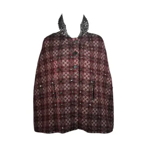VINTAGE Red, Green Plaid Wool Cape with Gunmetal Stud Applique