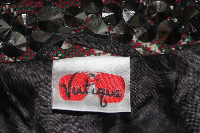 VINTAGE Red, Green Plaid Wool Cape with Gunmetal Stud Applique