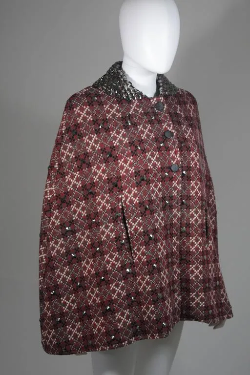 VINTAGE Red, Green Plaid Wool Cape with Gunmetal Stud Applique