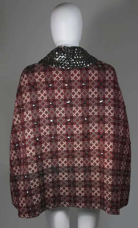 VINTAGE Red, Green Plaid Wool Cape with Gunmetal Stud Applique