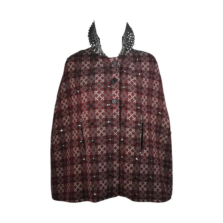 VINTAGE Red, Green Plaid Wool Cape with Gunmetal Stud Applique