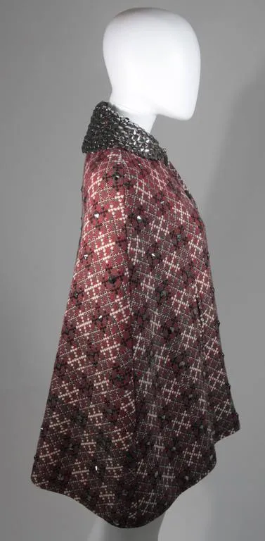 VINTAGE Red, Green Plaid Wool Cape with Gunmetal Stud Applique