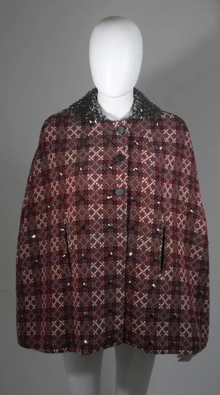 VINTAGE Red, Green Plaid Wool Cape with Gunmetal Stud Applique