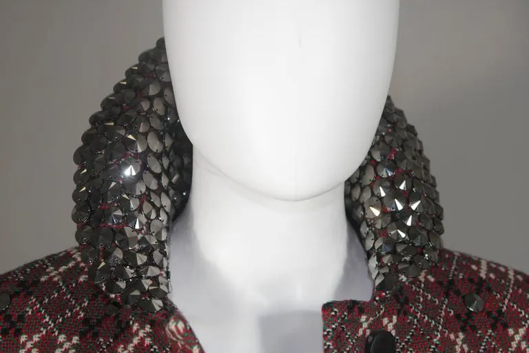 VINTAGE Red, Green Plaid Wool Cape with Gunmetal Stud Applique