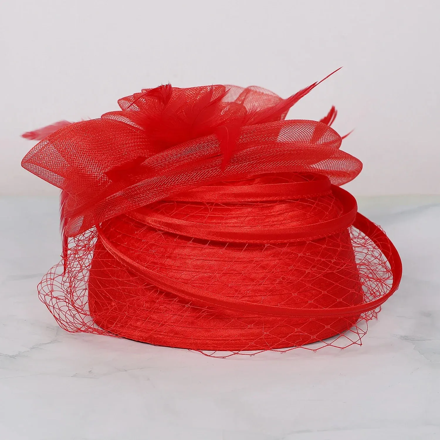 Wedding Church Red Hats Fascinators For Woman With Feather Veil Cocktail Party Headdress Lady Elegant Kentucky Derby Cap
